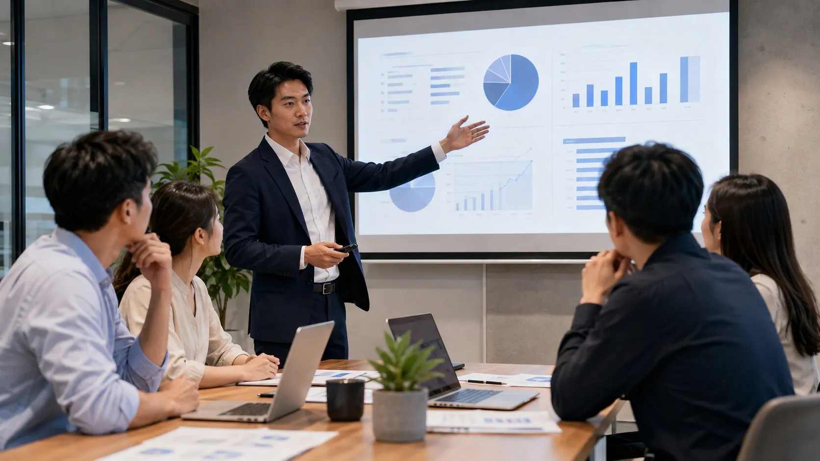 企業主進行商業提案企劃簡報的評審會議現場